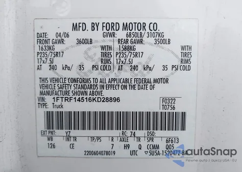 2006 Ford F-150 Fx4/Xl/Xlt z USA, uszkodzony, nr VIN 1FTRF14516KD28896